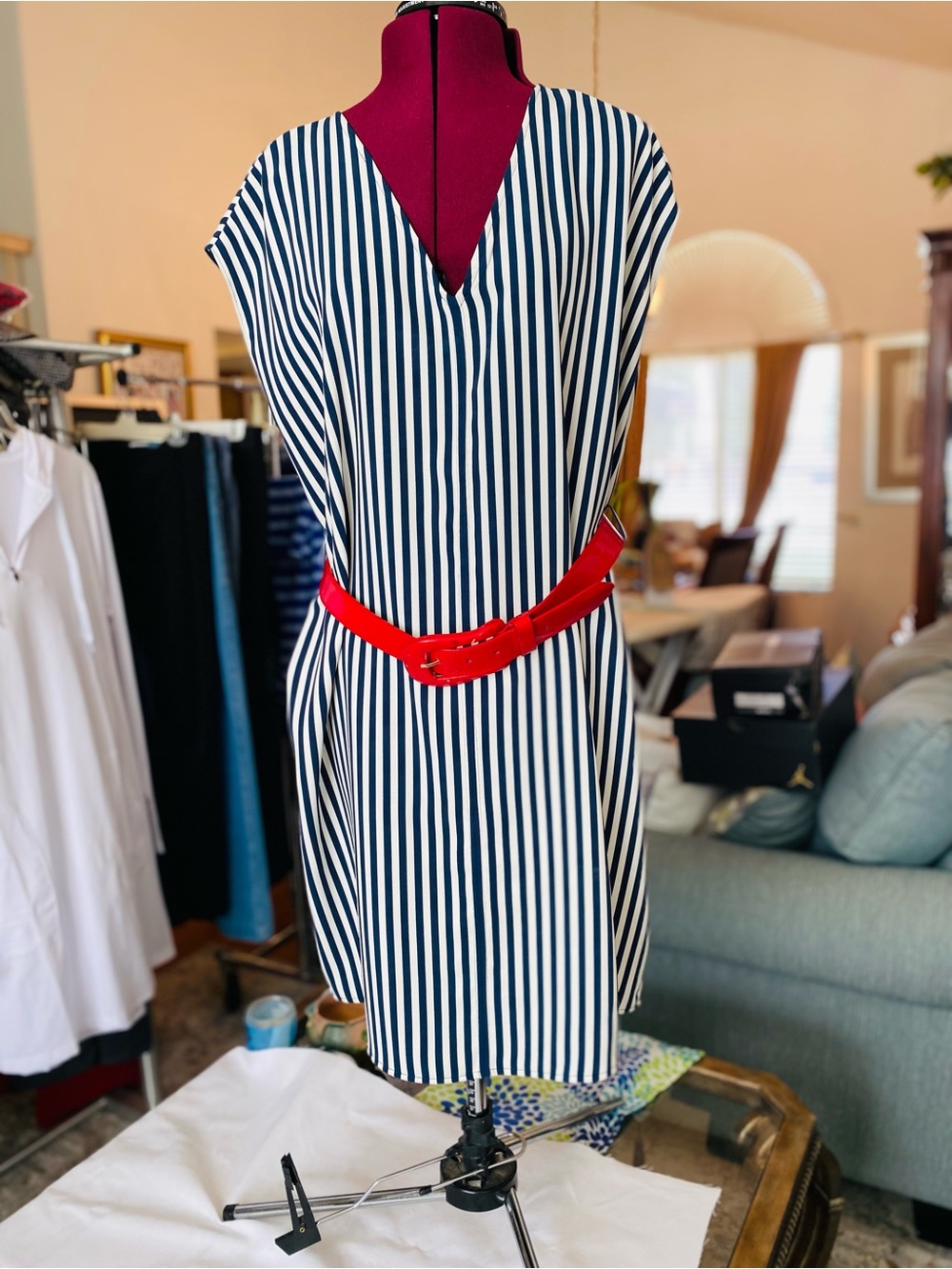 H&M Navy and White Striped V-Neck Midi Dress with Red Belt